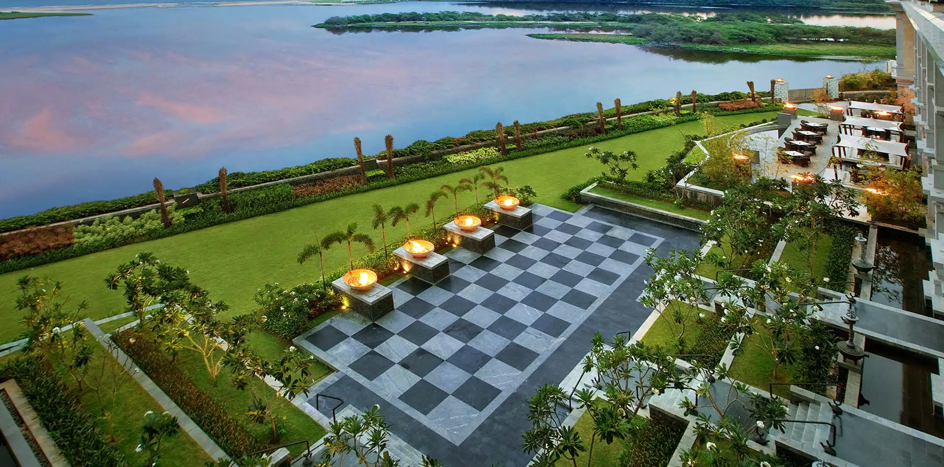 Seafront view of The Leela Palace Chennai with Bay of Bengal in background